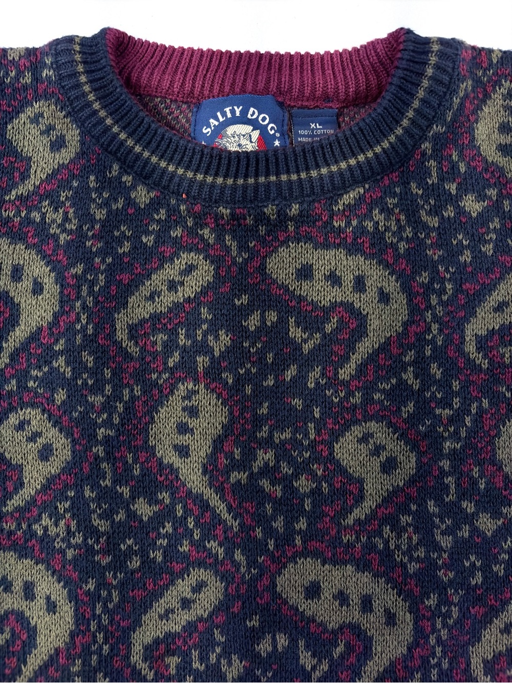 Vintage 90s Salty Dog Gant XL Navy Abstract Paisley Cotton Sweater Made in US
